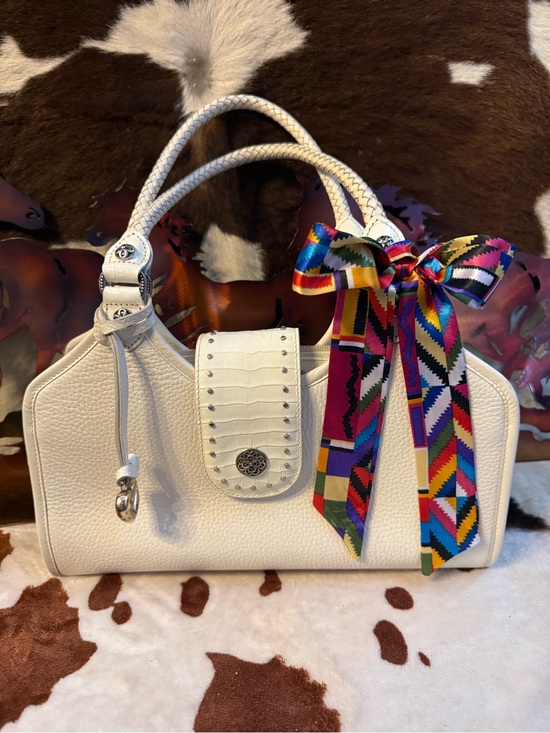Brighton Handbags - Brighton  Vintage Angie White Leather Shoulder Bag with Colorful Geometric Bow